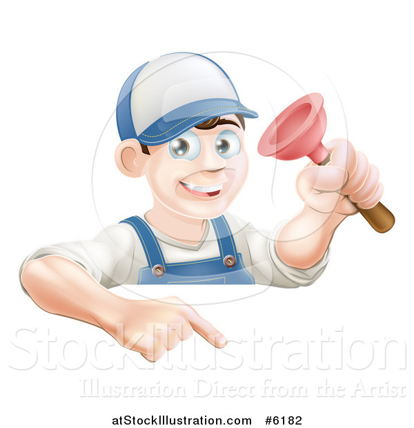 Vector Illustration of a Brunette White Male Plumber Holding a Plunger over a Sign
