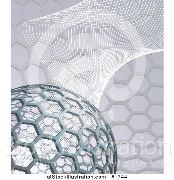 Vector Illustration of a Buckyball or Buckminsterfullerene over a Mesh Wave Background