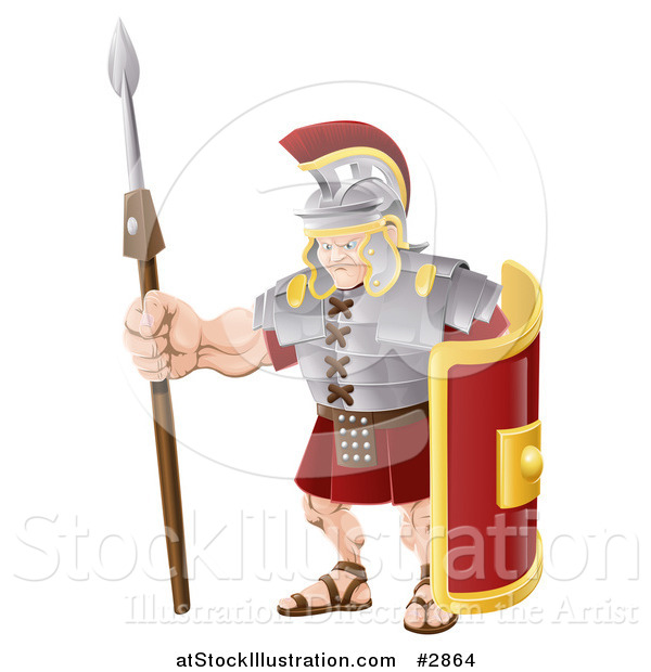 Vector Illustration of a Buff Roman Soldier with a Shield and Spear