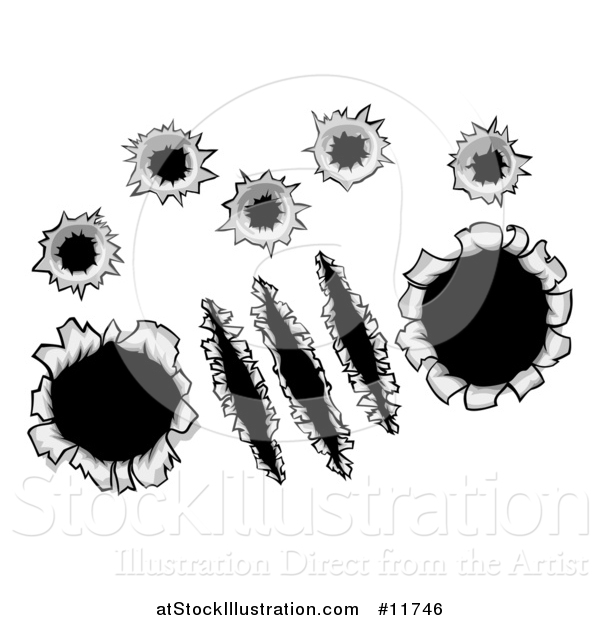 Vector Illustration of a Bullet Holes and Slashes Through Metal