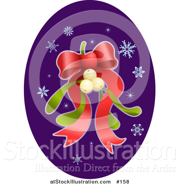 Vector Illustration of a Bunch of Mistletoe with a Red Ribbon Bow and Snowflakes