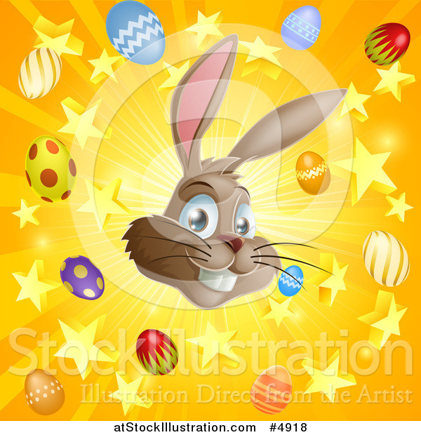 Vector Illustration of a Burst of Rays Stars Eggs and a Brown Easter Bunny