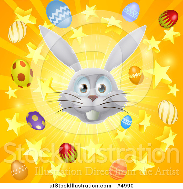 Vector Illustration of a Burst of Rays Stars Eggs and a Gray Easter Bunny