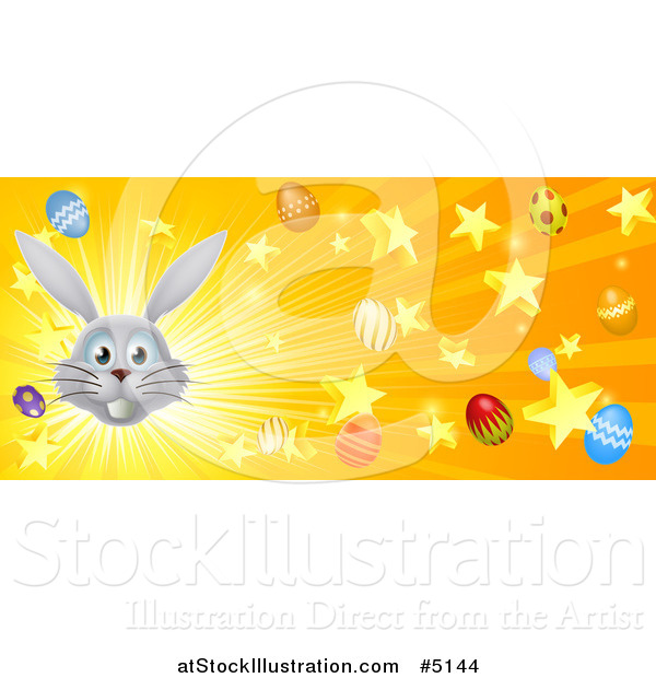 Vector Illustration of a Burst of Rays Stars Eggs and a Gray Easter Bunny