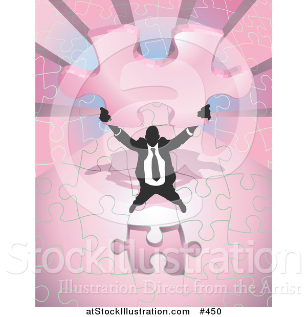 Vector Illustration of a Business Man Holding up a Final Piece to a Pink Jigsaw Puzzle Before Completing It