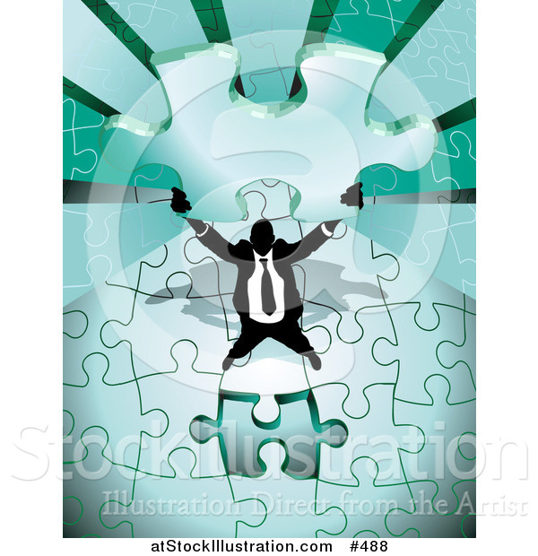 Vector Illustration of a Business Man Holding up the Final Piece to a Green Jigsaw Puzzle Before Completing It