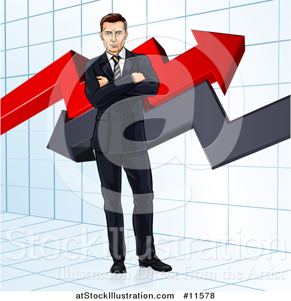 Vector Illustration of a Business Man Standing with Folded Arms in Front of Stock Market Arrows