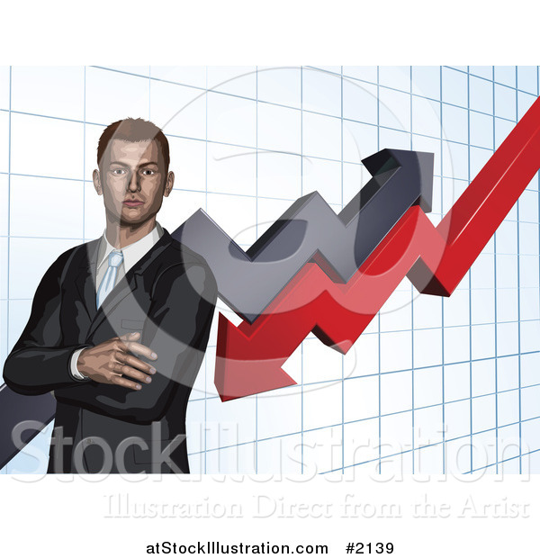 Vector Illustration of a Business Man with Folded Arms, Against a Graph