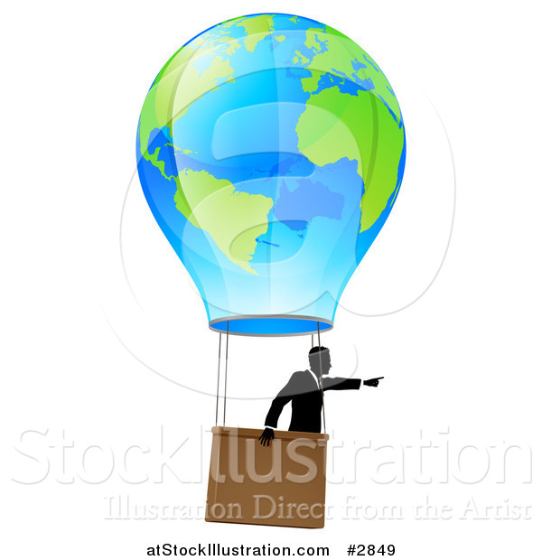 Vector Illustration of a Businessman Pointing and Floating in a World Hot Air Balloon