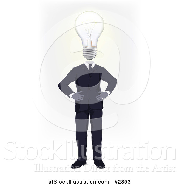 Vector Illustration of a Businessman with a Lightbulb Head Standing with His Hands on His Hips
