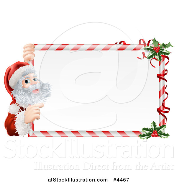 Vector Illustration of a Candy Cane Christmas Sign with Santa and Holly