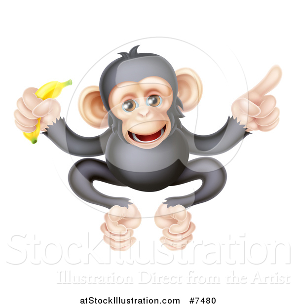 Vector Illustration of a Cartoon Black and Tan Happy Baby Chimpanzee Monkey Holding a Banana and Pointing