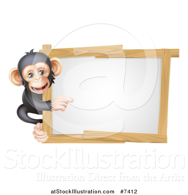 Vector Illustration of a Cartoon Black and Tan Happy Baby Chimpanzee Monkey Pointing Around a Blank White Sign Framed in Wood