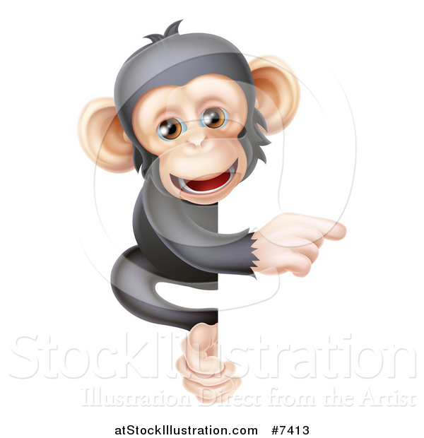 Vector Illustration of a Cartoon Black and Tan Happy Baby Chimpanzee Monkey Pointing Around a Sign