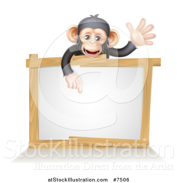 Vector Illustration of a Cartoon Black and Tan Happy Baby Chimpanzee Monkey Waving and Pointing down over a Blank White Sign Framed in Wood