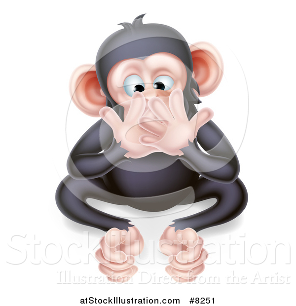 Vector Illustration of a Cartoon Black and Tan Speak No Evil Wise Monkey Covering His Mouth