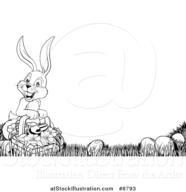 Vector Illustration of a Cartoon Black and White Lineart Easter Bunny Rabbit with a Basket of Eggs and Flowers in the Grass, with Text Space