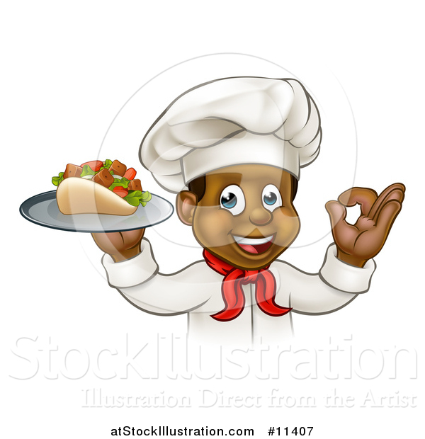 Vector Illustration of a Cartoon Black Male Chef Holding a Souvlaki Kebab Sandwich on a Tray and Gesturing Perfect