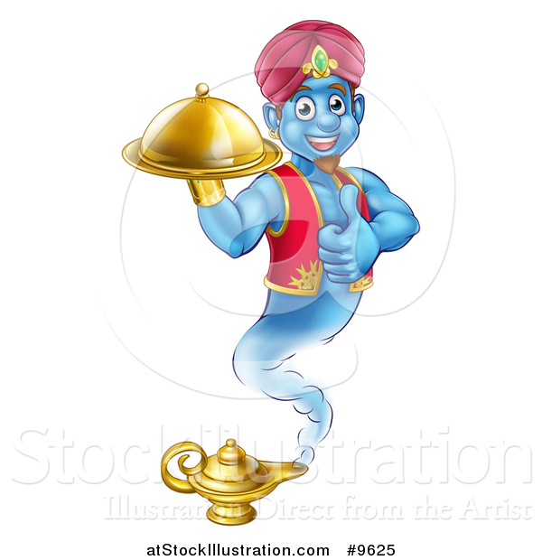Vector Illustration of a Cartoon Blue Strong Blue Aladdin Genie Floating over a Lamp with a Cloche in Hand, Giving a Thumb up