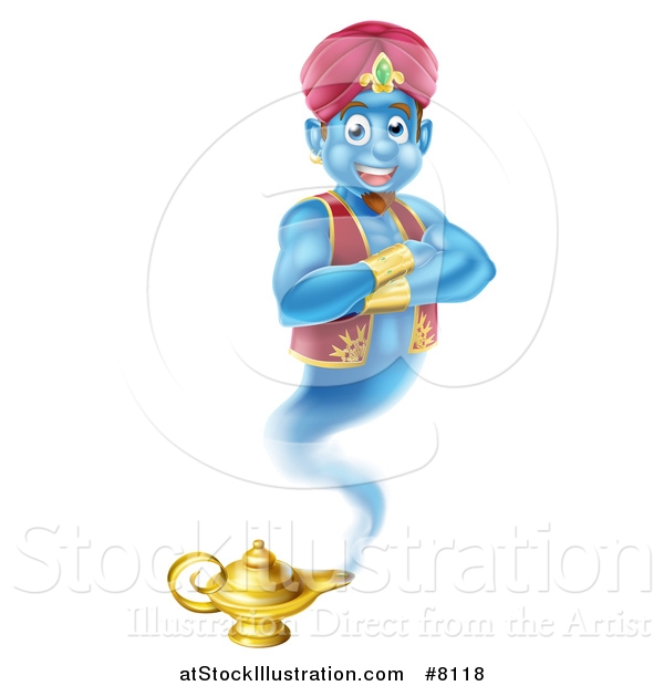 Vector Illustration of a Cartoon Blue Strong Blue Aladdin Genie Floating over a Lamp with His Arms Folded