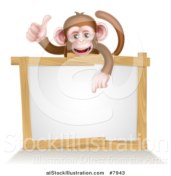Vector Illustration of a Cartoon Brown Happy Baby Chimpanzee Monkey Giving a Thumb up and Pointing down to a Blank White Sign