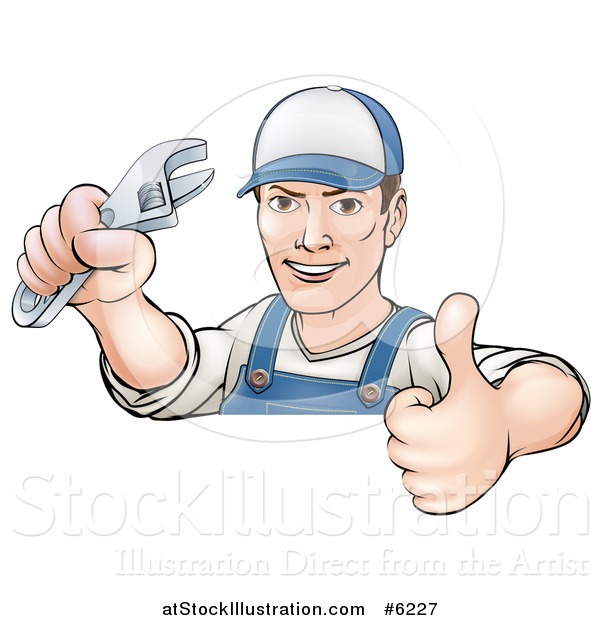 Vector Illustration of a Cartoon Brunette Caucasian Mechanic Man Holding an Adjustable Wrench and Thumb up over a Sign