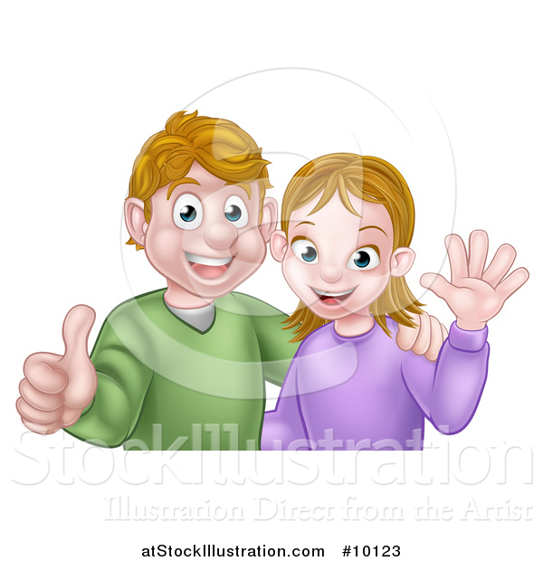 Vector Illustration of a Cartoon Casual Young Caucasian Couple Waving and Giving a Thumb up