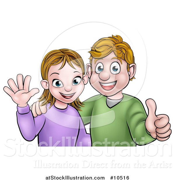 Vector Illustration of a Cartoon Casual Young Caucasian Couple Waving and Giving a Thumb up