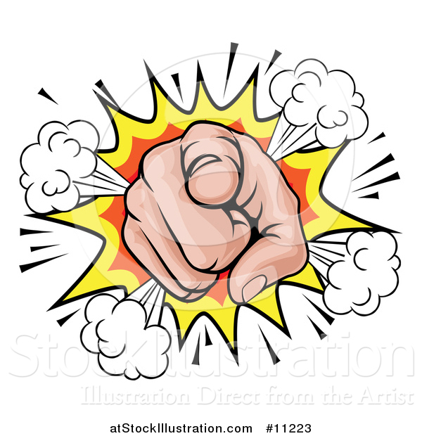 Vector Illustration of a Cartoon Caucasian Hand Pointing Outwards in a Comic Burst