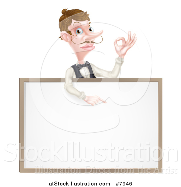 Vector Illustration of a Cartoon Caucasian Male Waiter with a Curling Mustache, Gesturing Ok and Pointing down over a Blank Menu Sign