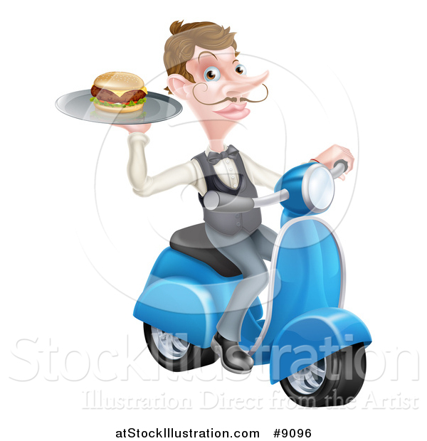Vector Illustration of a Cartoon Caucasian Male Waiter with a Curling Mustache, Holding a Burger on a Tray on a Moped