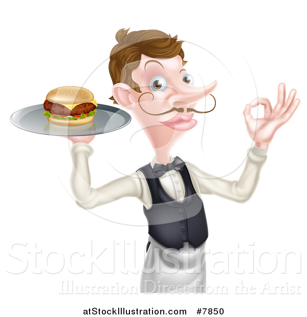 Vector Illustration of a Cartoon Caucasian Male Waiter with a Curling Mustache, Holding a Cheeseburger on a Platter and Gesturing Ok