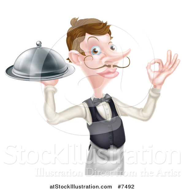 Vector Illustration of a Cartoon Caucasian Male Waiter with a Curling Mustache, Holding a Cloche Platter and Gesturing Ok