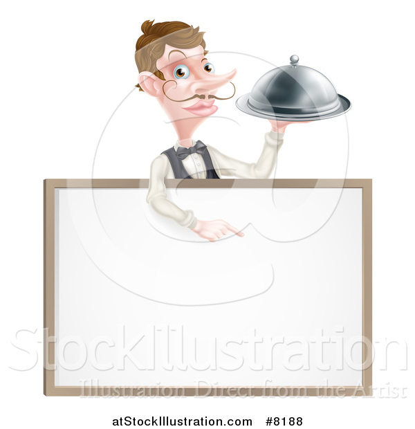 Vector Illustration of a Cartoon Caucasian Male Waiter with a Curling Mustache, Holding a Cloche Platter over a Blank White Menu Sign