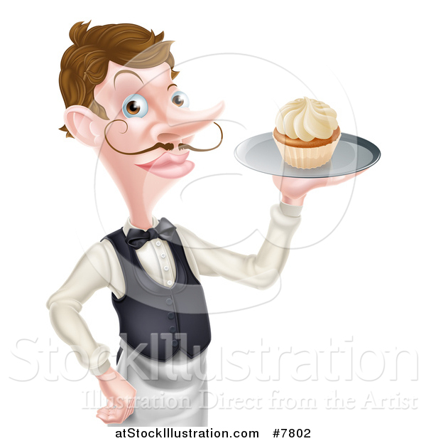 Vector Illustration of a Cartoon Caucasian Male Waiter with a Curling Mustache, Holding a Cupcake on a Tray
