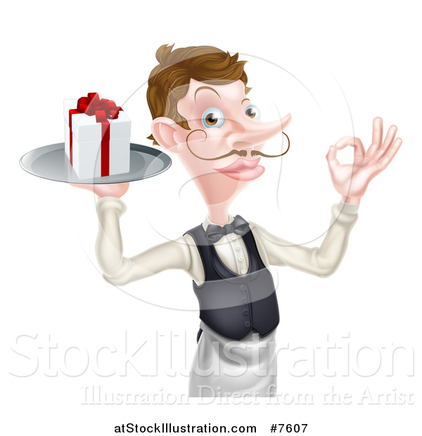 Vector Illustration of a Cartoon Caucasian Male Waiter with a Curling Mustache, Holding a Gift on a Platter and Gesturing Ok