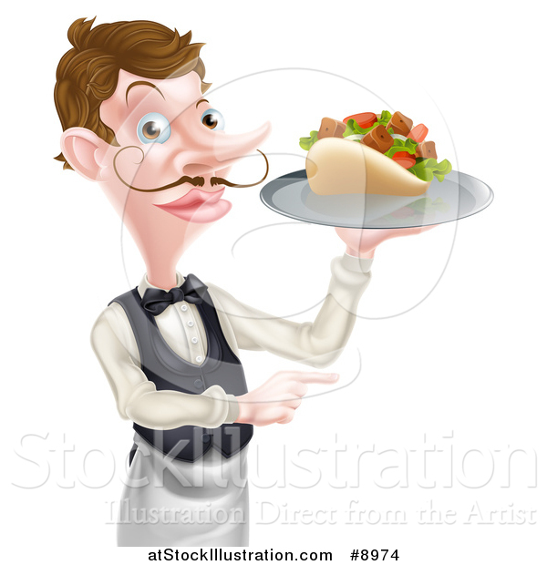 Vector Illustration of a Cartoon Caucasian Male Waiter with a Curling Mustache, Holding a Kebab Sandwich on a Tray and Pointing