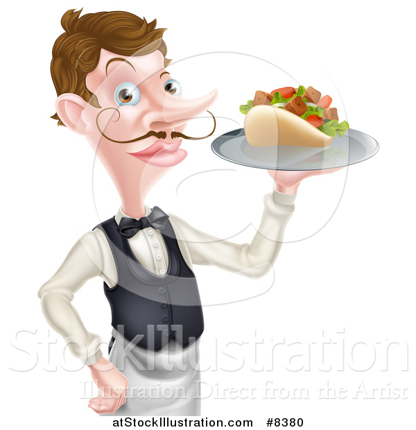Vector Illustration of a Cartoon Caucasian Male Waiter with a Curling Mustache, Holding a Kebab Sandwich on a Tray
