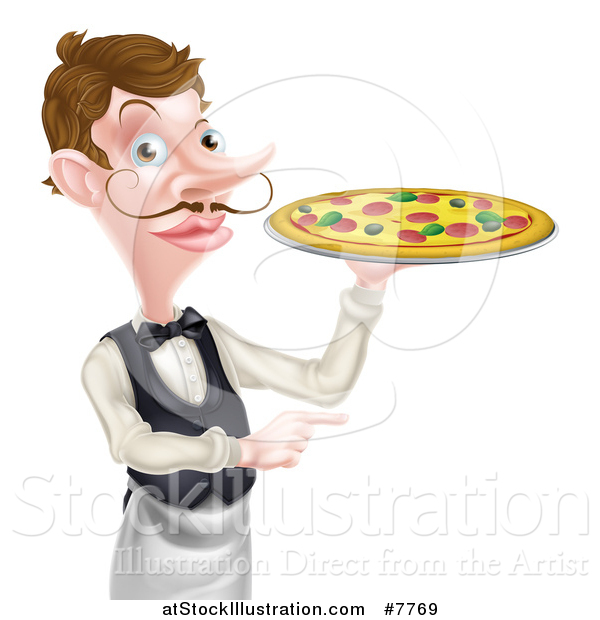 Vector Illustration of a Cartoon Caucasian Male Waiter with a Curling Mustache, Holding a Pizza on a Tray and Pointing