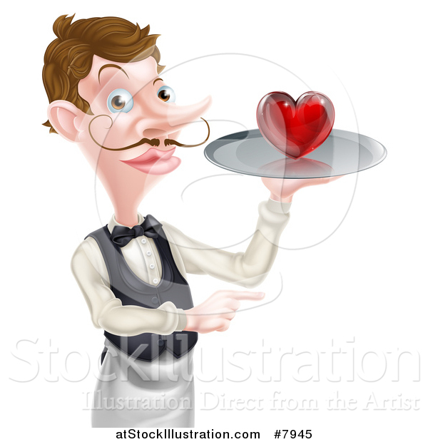 Vector Illustration of a Cartoon Caucasian Male Waiter with a Curling Mustache, Holding a Red Love Heart on a Tray and Pointing