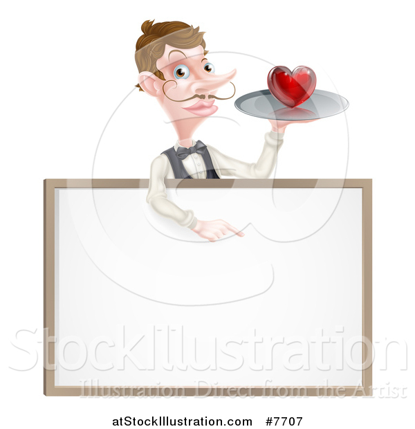 Vector Illustration of a Cartoon Caucasian Male Waiter with a Curling Mustache, Holding a Red Love Heart on a Tray and Pointing down over a Blank White Menu Sign