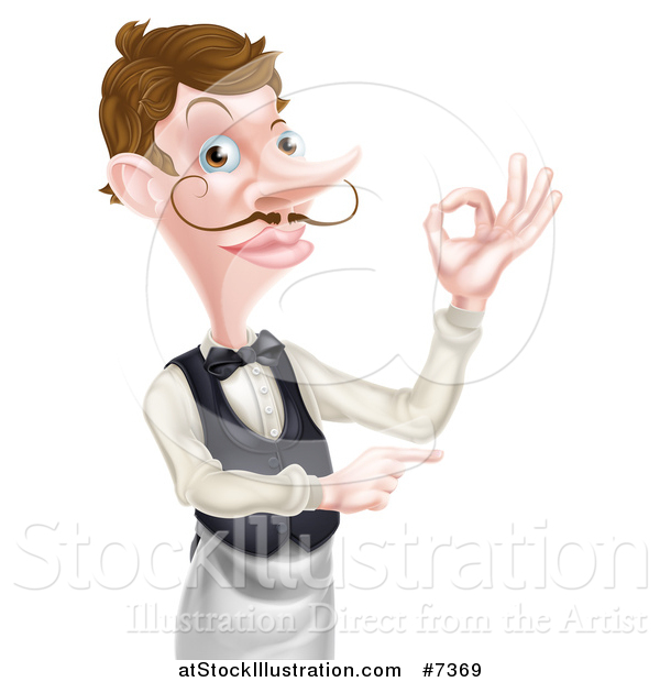 Vector Illustration of a Cartoon Caucasian Male Water with a Curling Mustache, Gesturing Ok and Poiting
