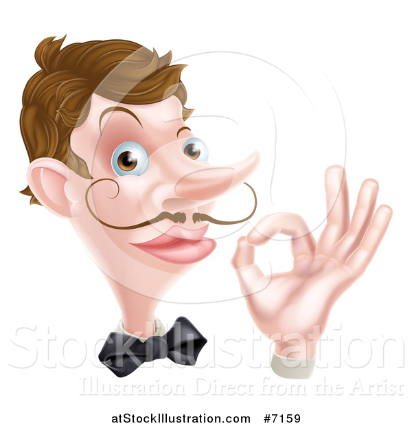 Vector Illustration of a Cartoon Caucasian Male Water with a Curling Mustache, Gesturing Ok, Face and Hand Only