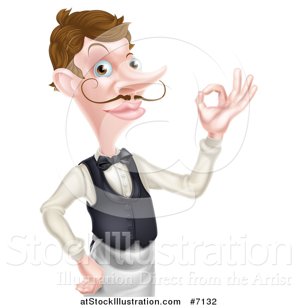 Vector Illustration of a Cartoon Caucasian Male Water with a Curling Mustache, Gesturing Ok, from the Waist up