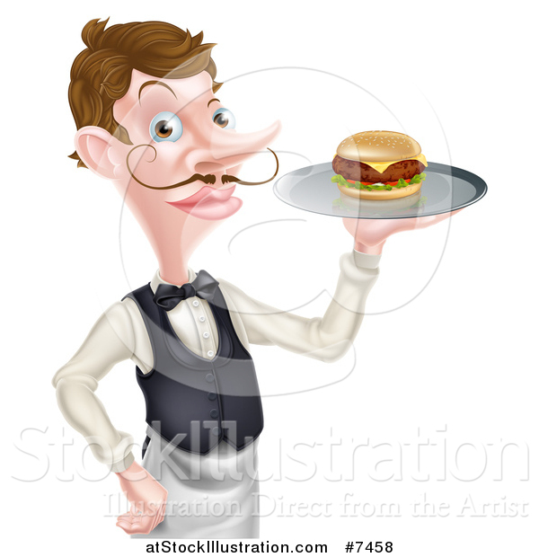 Vector Illustration of a Cartoon Caucasian Male Water with a Curling Mustache, Holding a Burger on a Tray