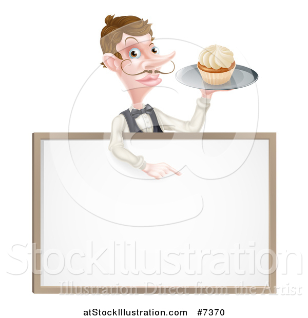 Vector Illustration of a Cartoon Caucasian Male Water with a Curling Mustache, Holding a Cupcake on a Tray and Pointing down over a White Menu Sign Board