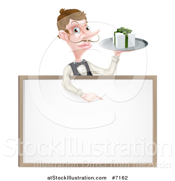 Vector Illustration of a Cartoon Caucasian Male Water with a Curling Mustache, Holding a Gift on a Tray and Pointing down over a White Sign
