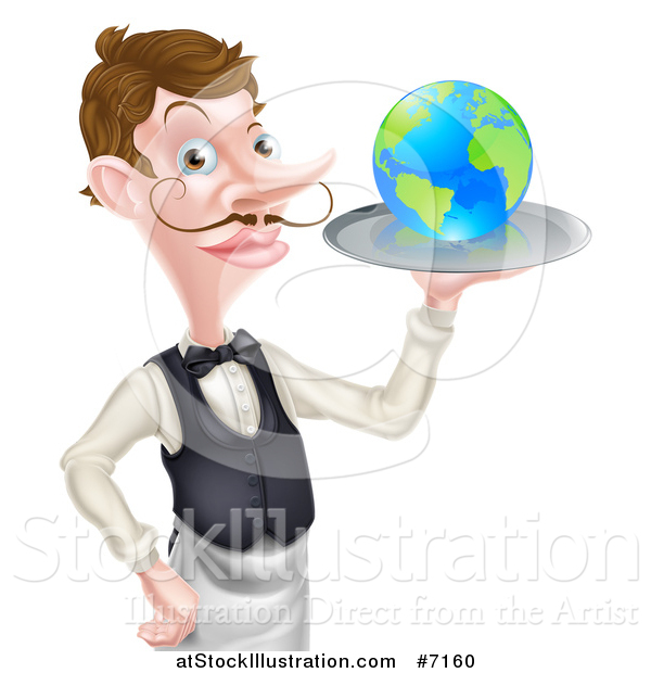 Vector Illustration of a Cartoon Caucasian Male Water with a Curling Mustache, Holding Earth on a Tray