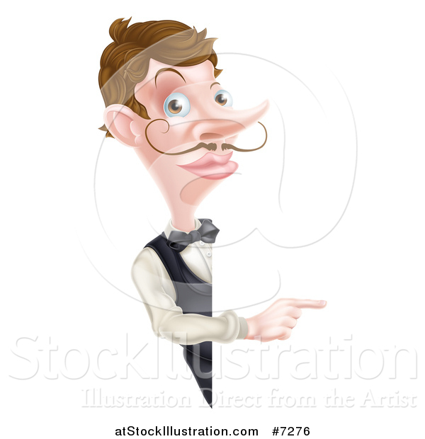 Vector Illustration of a Cartoon Caucasian Male Water with a Curling Mustache, Pointing Around a Sign