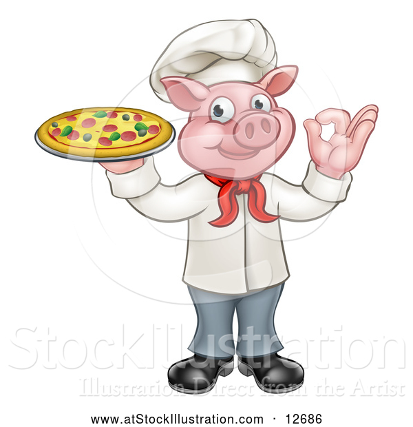 Vector Illustration of a Cartoon Chef Pig Mascot Hand Gesturing Perfect While Holding Fresh Pizza